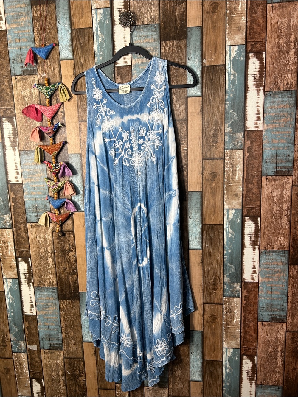 Exist Blue and White Asymmetrical Tie-Dye Maxi Dress with Embroidered Details